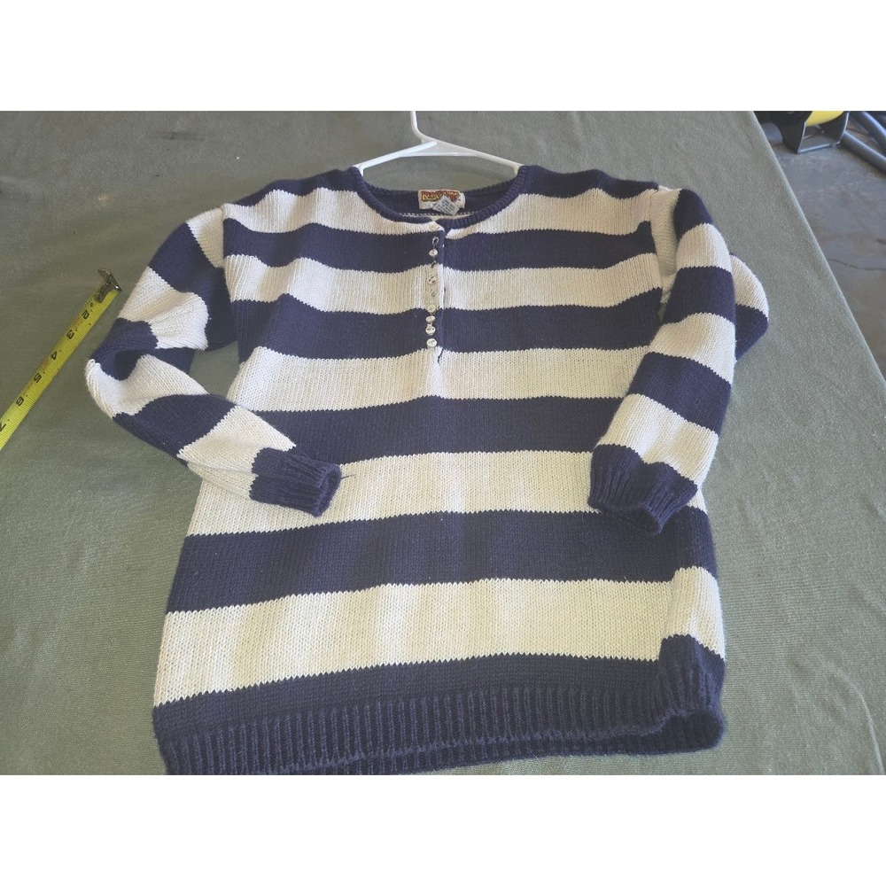 Red Camel Vintage Striped Henley Sweater Womens Small Blue White Ramie Cotton